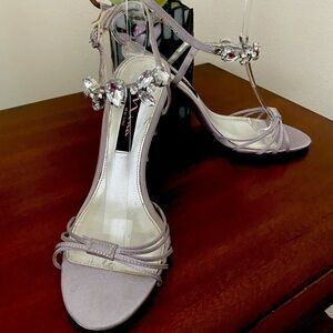 Nina Silver Satin Rhinestone Heels Size 6 | Elegant 4” Strappy Dress Shoes
